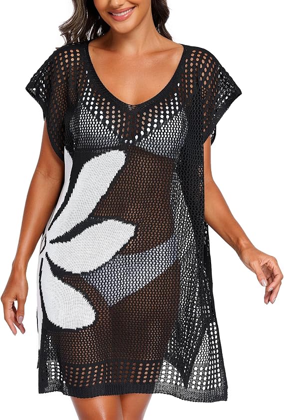 Womens Swimsuit Cover Ups Crochet Chiffon Beach Cover Dress Bikini Coverups | bathing suit cover ups,swim wear,V neck,hollow out,plus size,lightweight
