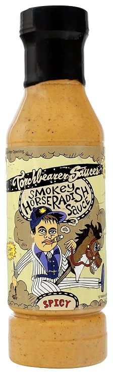 Torchbearer Sauces Smokey Horseradish Sauce 12 FL Oz, Heat level 3 - Spicy Horseradish, Garlic and Chipotle Smokiness - All Natural, Extract-Free, Made in USA