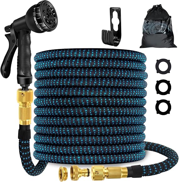 Flexible Expandable Garden Hose 15m 50ft with 8 Function Spray Nozzle, 3X Durable Expanding Water Hose with 3/4" 1/2" Anti-Leak Brass Connectors for Gardening, Lawn, Car Washing & Patio Use