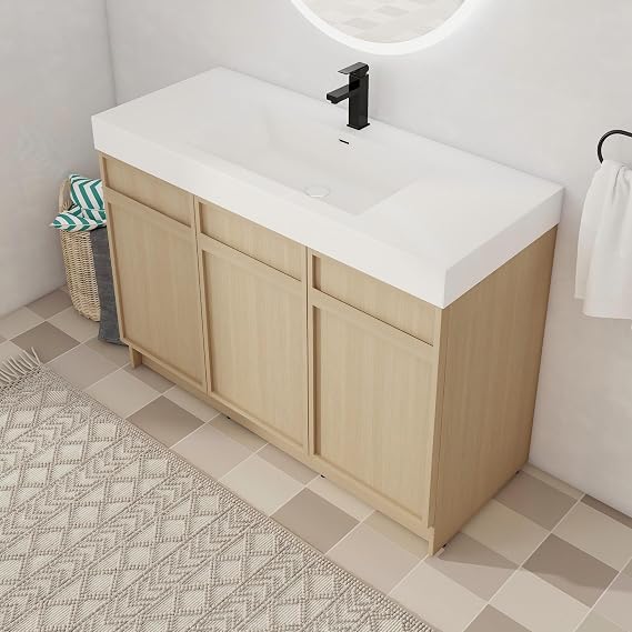 48 Inch FreeStanding Vanity, 48" Bathroom Vanity with Sink, Single Sink Floor Stand Vanity Combo, Modern Brown Bathroom Vanity Set with 3 Doors and White Basin Sink