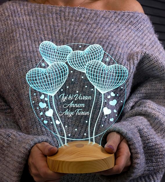 Anneler Günü Hediyesi, Anneye Hediye, Anneye Doğum Günü Hediyesi Balon Kalpler Küre Kişiye Özel 3D Led Lamba