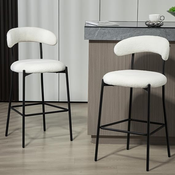 26'' Counter Height Bar Stools Set of 2, Teddy Fabric Barstool with Black Powder Coating Base and Footrest, Bar Chair for Kitchen Island, White