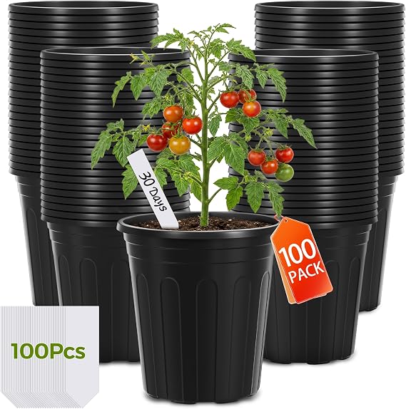 GroTheory 100 Pack 1 Gallon Nursery Pots, 6.7 Inch Plastic Pots for Plants, Plastic Flower Pots, Plant Pot, Seedling Pots for Potting, Seed, Succulent, Planting Pots with Plant Labels