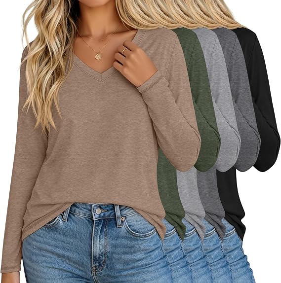 Neer 5 Pack Women's Long Sleeve Shirts, V Neck Tops Loose Fit Basic Tees Solid Trendy Fall Casual Blouses