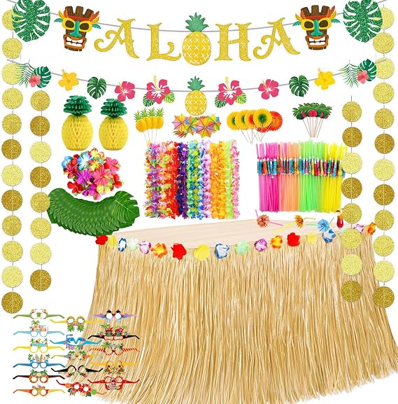 Hawaiian Aloha Luau Party Decorations, 107Pcs Tropical Summer Beach Party Supplies With Banner, Table Skirt, Hawaiian Leis, Palm Leaves, Hibiscus, Topper, Straws, Eyeglasses, Pineapple Centerpiece