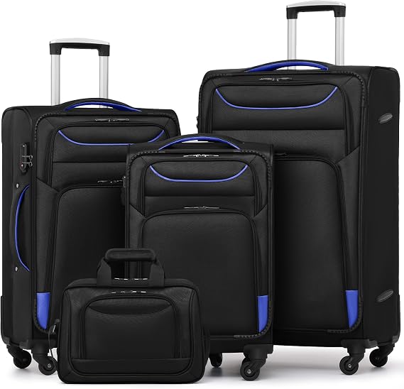Coolife Softshell Luggage, TSA Lock, Spinner Wheels, 4-Piece Set with Tote | 1680D oxford cloth, 210D nylon lining, 4 spinner wheels, telescopic handle, IATA carry-on, aluminum handle, TSA lock