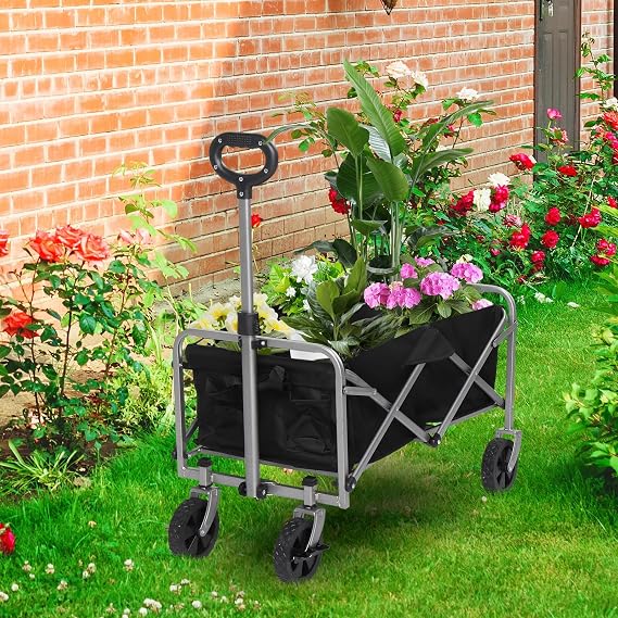 Heavy Duty Foldable Wagon Cart 220 LBS Load Capacity, Sturdy Steel Frame Easy to Fold & Carry, Compact Folding Design, Portable Utility Cart for Home, Garden, Camping, and Groceries, Black