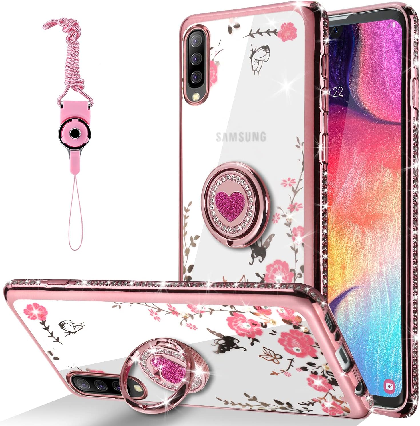 AKRIL for Samsung Galaxy A50 Case, Flower Butterfly Clear Back TPU Shiny Silicone Bling Glitter Rhinestone Protective Cover with Ring Diamond Kickstand for Samsung Galaxy A50 Case Rose Gold