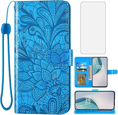 Asuwish Phone Case for OnePlus Nord N10 5G with Tempered Glass Screen Protector and Lace Wallet Cover Card Holder Stand Cell Accessories One Plus N 10 G5 1 Plus 10N 1plus One 1 N105G Women Men Blue