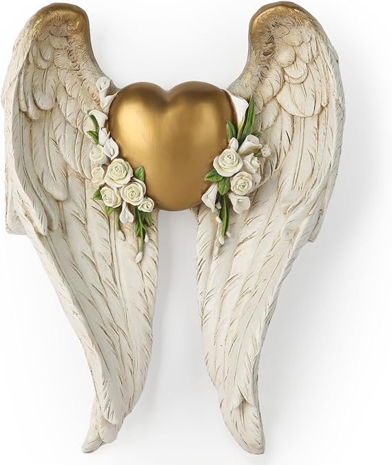BC Home Decor 11.75"H Angel Wing Decor for Wall, Heart and Calla Sculpture for Memorial & Consolation Guardian and Love sculpture, Angel Sympathy Gift, Handpainted Wall Decor
