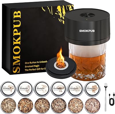 Electric Whiskey Smoker Kit Built-in Lighter, No Butane Needed, Rechargeable Cocktail Smoker Kit with 6 Wood Chips, Old Fashioned Drink Smoker Kit, Bourbon Whiskey Gifts for Men,Dad,Husband