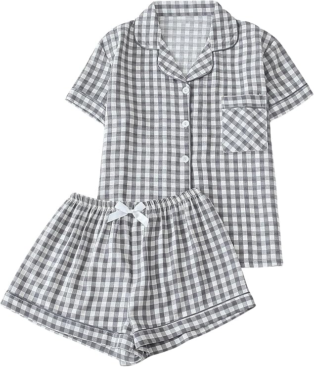 Verdusa Pajamas Sets 2 Piece Gingham Cute Button Down Shirts with Shorts