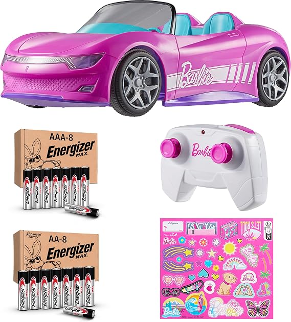 Hot Wheels Barbie RC Toy Car Plus Energizer AA and AAA Alkaline Batteries, Remote-Control Pink Convertible, Can Hold 2 Barbie Fashion Dolls & Trunk Opens for Storage, Sticker Sheet for Customizing