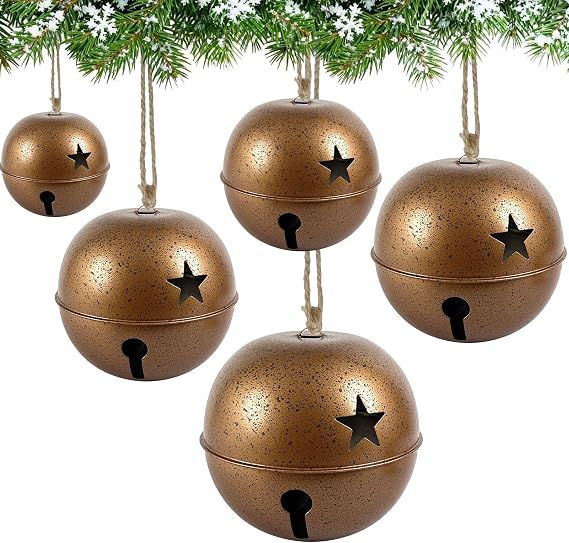 5 Pcs Giant Christmas Sleigh Bells Christmas Tree Ornaments Vintage Metal Bells with Jute Hanging Rope for Xmas Door Fireplace Home Decor
