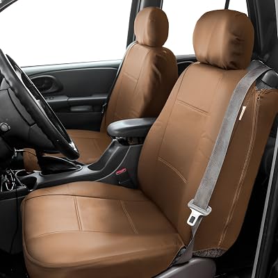 TLH Built-in Seat Belt PU Leather Seat Covers Front, Airbag Compatibal, Tan Color-Universal Fit for Cars, Auto, Trucks, SUV