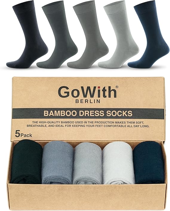 GoWith Premium 5 Pairs Rayon Bamboo Mens Dress Socks, Business Thin Breathable Crew Socks, Gift for Men