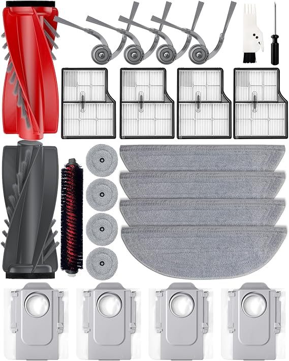 Saros 10 Accessories Kit for Roborock Saros 10, 25 PCS Replacement Parts, 2 Main Brushes 4 Side Brushes 4 Dust Bags 4 HEPA-Filters 4+4 Double Vibration Mop Pads 1 Self-Cleaning Brush
