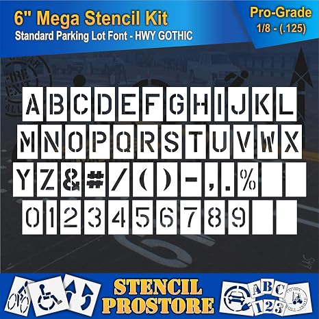 Curb & Median Stencils - 6 inch MEGA Alpha/NUM Set - (64 Piece) - 6" x 4" x 1/8" (128 mil) - Pro-Grade