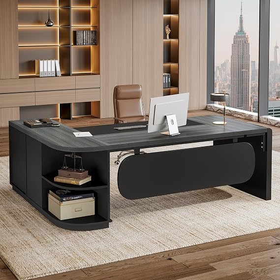 Tribesigns 81 L-Shaped Executive Desk, Large Modern Office Desk with Drawers and File Cabinet for Home or Business Workspace, Grey & Black Computer Desk with Storage Shelves