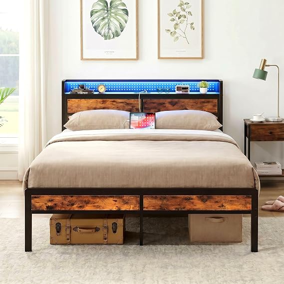 IRONCK King Size Bed Frame with Storage Headboard & LED Lights, Platform Bed Frame King Size with Charging Station, Metal Bed Frame, UnderBed Storage/Mattress Foundation, Vintage Brown