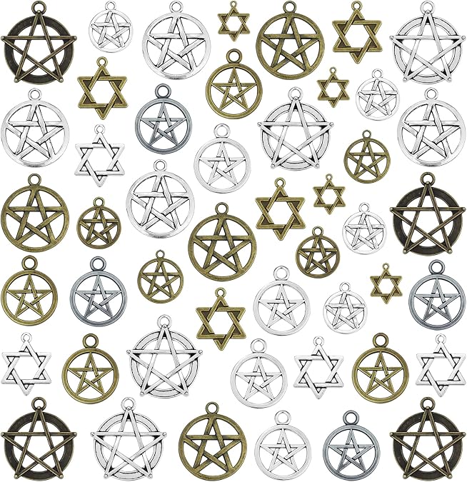 48pcs Mixed Magic Pentacle Hexagram Star Protection Lucky Charms Pendants DIY for Necklace Bracelet Jewelry Making, Antique Silver Bronze