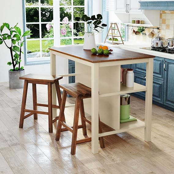 3-Piece Kitchen Island Set with 2 Stools and 2 Shelves, Rustic Rubber Wood Dining Set Prep Table Set with Open Shelves for Small Places, Walnut+Cream White