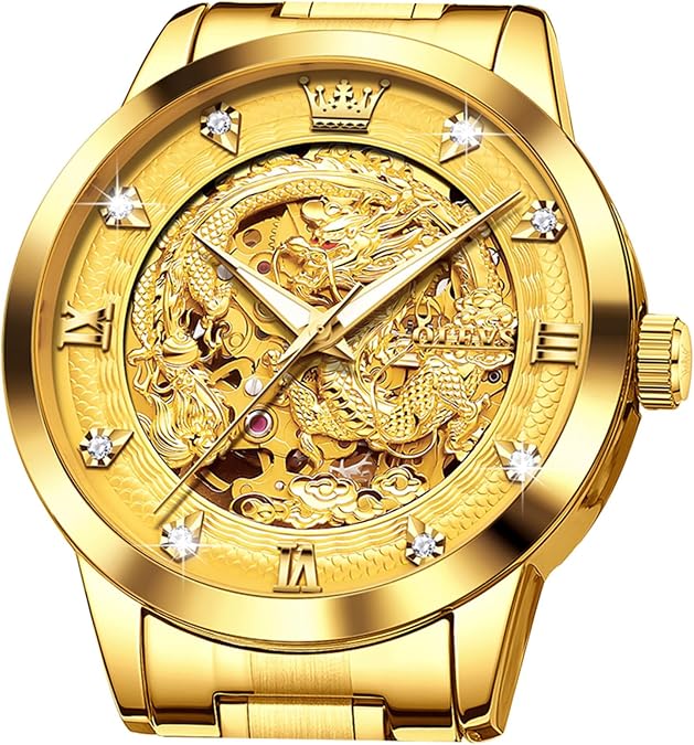 OLEVS Dragon Skeleton Mens Automatic Watch 42MM Large Dial Gold Luxury Self-Winding Diamond Waterproof Stainless Steel Business Tourbillon Mechanical Watches