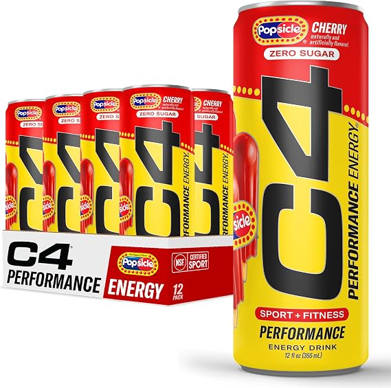 C4 Performance Energy Drink with Zero Sugar, 150mg Caffeine, 12 Fl Oz 12pk | Cherry popsicle flavor with 150mg caffeine, beta-alanine & BetaPower betaine for explosive energy and performance.