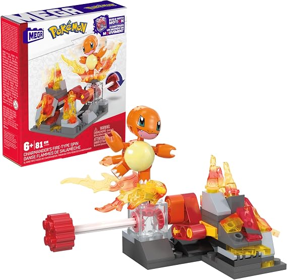 MEGA Pokemon Building Toys Set Charmanders Fire-Type Spin with 81 Pieces, 1 Poseable Character and Motion, for Kids