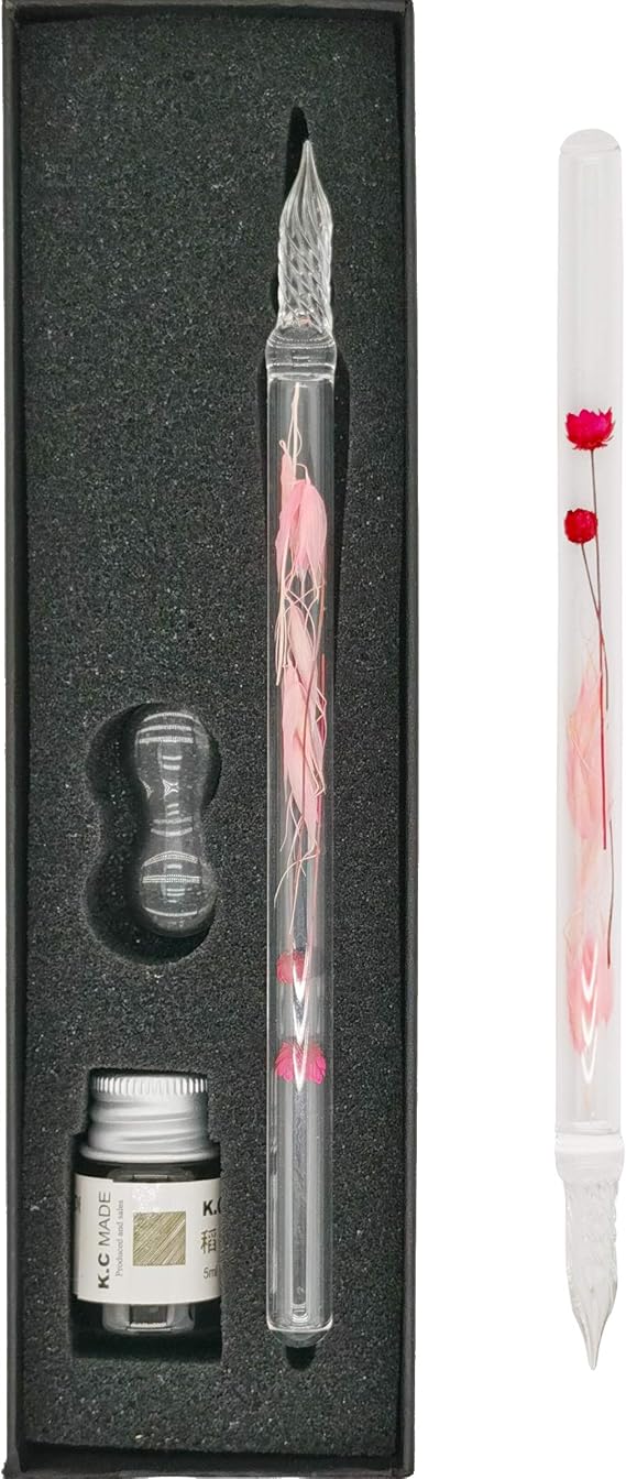 Glass Dip Pen，Valentine's Day present,Crystal Signature Pen for Art, Writing, Signatures — Decoration and Business Gift (3 piece Dried flowers Pen)