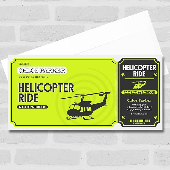 Greetings Card - Helicopter Ride Personalised Surprise Ticket Gift Voucher | Custom Greetings Card | Surprise Reveal Voucher Spoof Ticket