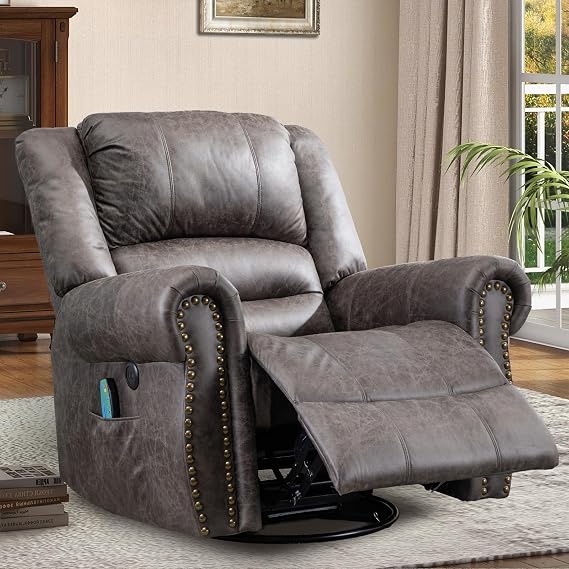 Manual Massage Recliner with Heating Function, 360 Swivel Glider Rocking Recliner Chair for Living Room, Ergonomic Single Sofa Chair with Remote Control/USB Ports/Side Pockets(Grey)