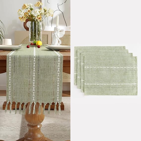 Wracra Homes Value Pack - Sage Green Hemstitch Table Runner and Placemat Set; Cotton Linen Farmhouse Table Runner 13 x 36 in and 4 Placemat (12 x 18Inch); 5 pcs in Total