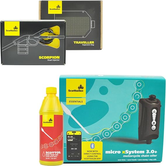Scottoiler Essentials micro xSystem 3.0+ Electronic Automatic Motorcycle Chain Lubrication System with Bluetooth App Control including High Temperature Red Scottoil, Scorpion Dual Injector & Traveller