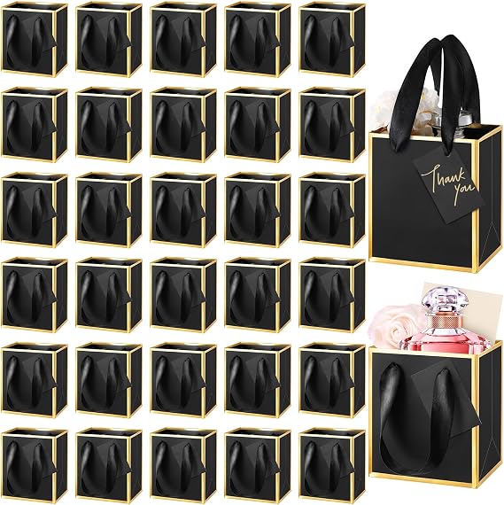 Yeaqee 25 Pcs Mini Paper Gift Bags with Handles Tag, Black, Gold