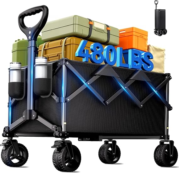Collapsible Wagon Cart, 480lbs Heavy Duty Wagon with All-Terrain Wheels