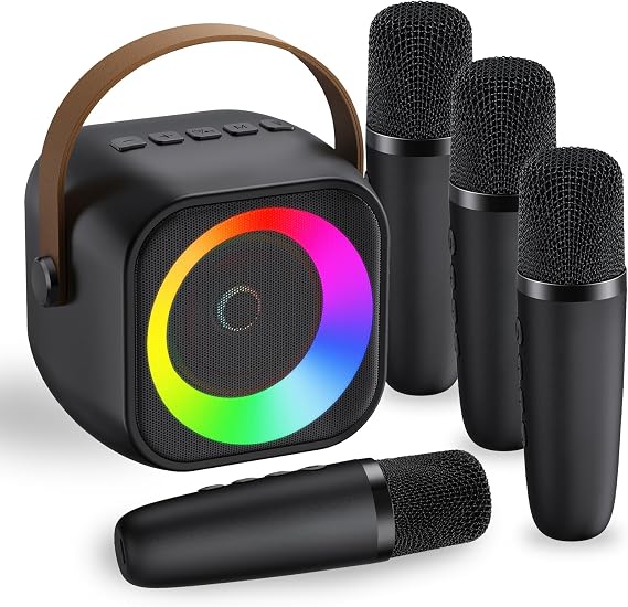 Mini Karaoke Machine for Kids Adults:Portable Bluetooth Karaoke Speaker with 2 Wireless Microphones and Lights for Home Party, Christmas Birthday Gifts for 4-12+ Years Old Girls Boys(Dark) | 360 Surround Sound,5 Voice Effects,Bluetooth 5.0,LED Lights, TF/USB/AUX, For Kids and Adults, Family Home Party and Gifts