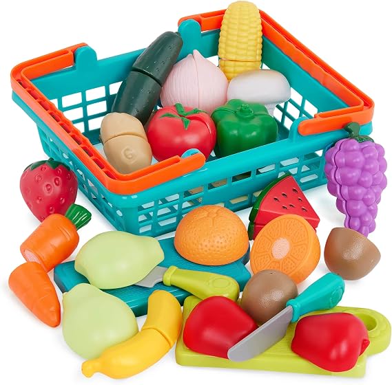 Battat Play Food for Toddlers with Farmers Market Green Basket and Chopping Board, Toy Food for Kids Kitchen and Pretend Play for 3+ Years (37 Pieces)