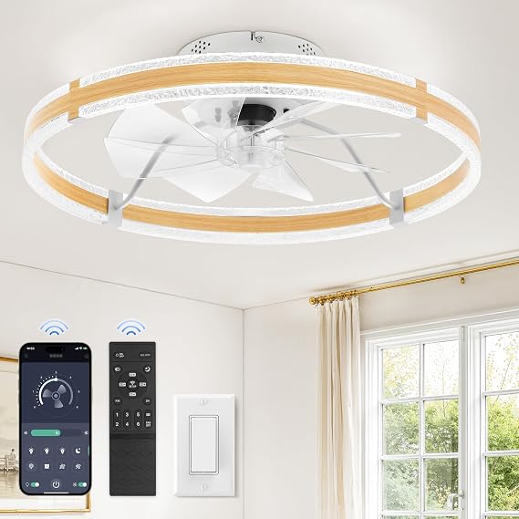 LEDIARY Ceiling Fans with Lights and Remote, 24'' Low Profile Ceiling Fan with Light, 3000-6000K Dimmable Fandelier Ceiling Fans, Modern Flush Mount Fan for Bedroom with 6 Wind Speeds- Wood Grain