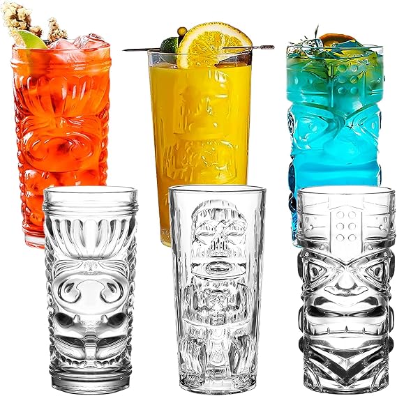Tiki Glasses Set of 6-14 Oz Highball Glasses for Cocktail - Modern Clear Tropical Tiki Cups Tumbler Glass Set - Mixed Drinking Glass for Hawaiian Tiki Bar Island Party Beverages Iced Tea