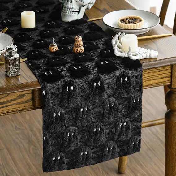 Artoid Mode Black Soft Faux Fur Ghost Halloween Table Runner 13x72 Inch
