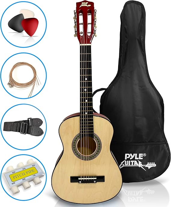 Pyle 30-Inch Beginner Acoustic Guitar Kit, 6-String Classical Style Travel Guitar for Kids and Adults - Includes String Set, Strap, Picks, Pitch Pipe, Storage Gig Bag - Hand Crafted Basswood