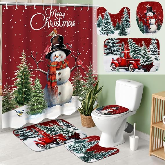 Teenyyou 4 Pcs Merry Christmas Shower Curtain Set Winter Snowman Bath Decor