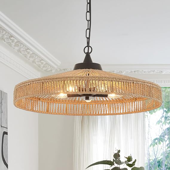 24 Boho Hand Woven Rattan Cage Pendant Light Large Matte Black Adjustalble Farmhouse Chandelier for Dining Room Living Room Kitchen Hallway, UL Listed
