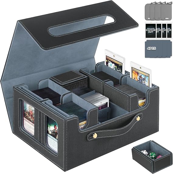 Commander Deck Box with Handle,Trading Card Storage Box for MTG&TCG.Card Storage Box,Includes 4 Lids,4 Stoppers,4 Colored Dividers.(Black& Grey, 5 IN 1)