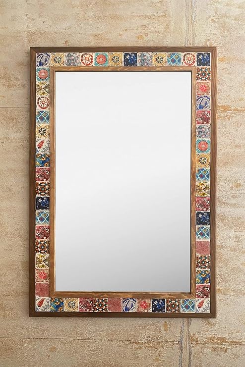 Oscar Stone Decor Ahşap Çerçeveli Mozaik Taş (Mermer) Ayna 63x93 CM Seramik Eskitme Çini Desenli