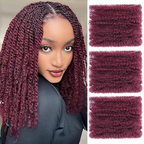 Unionbeauty 16 Inch 3 Packs Afro Kinkys Bulk Hair for Dreadlock Extensions Synthetic Afro Kinky Curly Braiding Hair for Micro Twist Loc Repair Micro Locs Boho Braids 30/pack Burgundy#