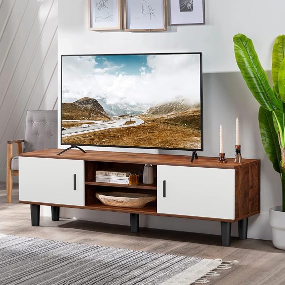 SMOOL TV Stand for TV up to 60 Inches, TV Table Entertainment Center with Double Doors and Storage Shelves, Media Console for Living Room, White+Walnut Brown
