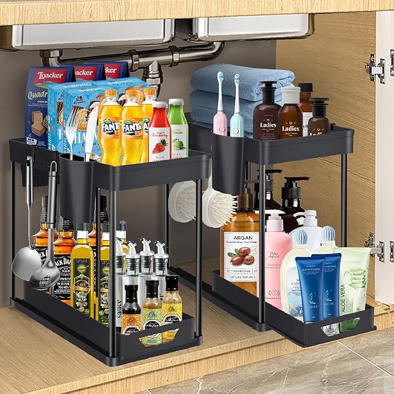 2 Pack Under Sink Organizers and Storage, 2 Tier Pull Out Bathroom Cabinet Organizer with Hooks Hanging Cup, L-Shape Cabinet Organizers with Drawer for Kitchen Bathroom (Black, 2 Pack)