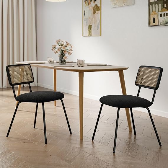 Hyfirm Black Rattan Dining Chairs Set of 2, Modern Chairs with Cane Back, Upholstered Boucle Kitchen Chairs, Armless Side Chairs with Metal Legs for Dining Room/Living Room, Black